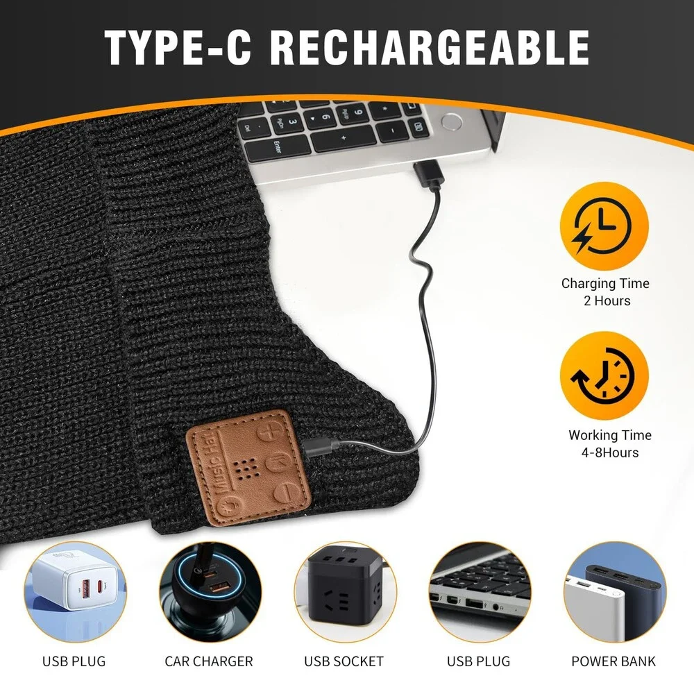 Wewow Unisex Black Bluetooth Beanie Light USB Rechargeable Warm Knitted ONE SZ